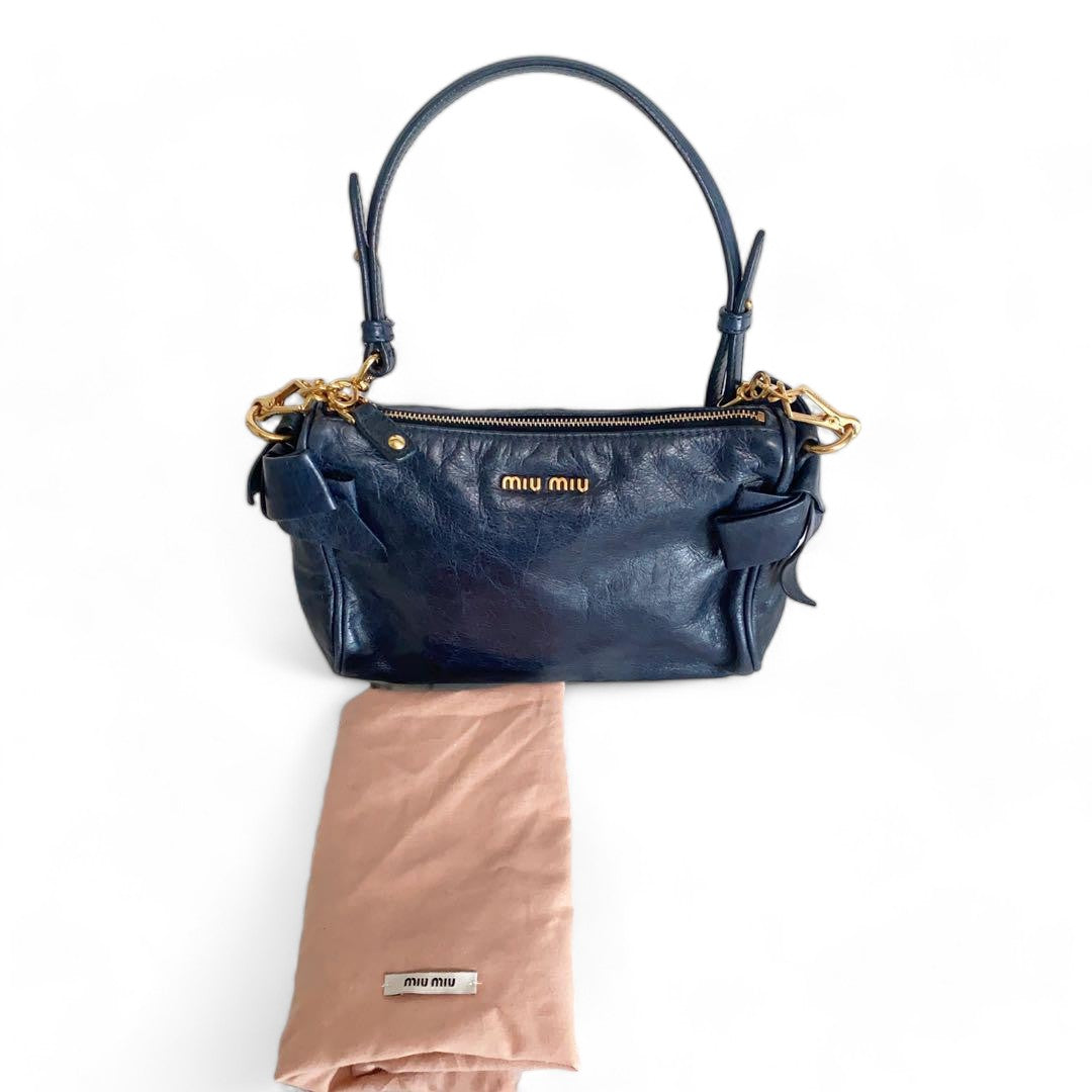 Miu Miu - Side Ribbon Leather Navy Handbag Gold Hardware