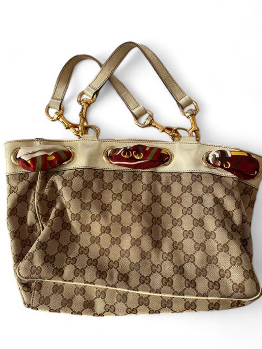 Gucci - Scarf Handbag Tote Monogram Beige Brown