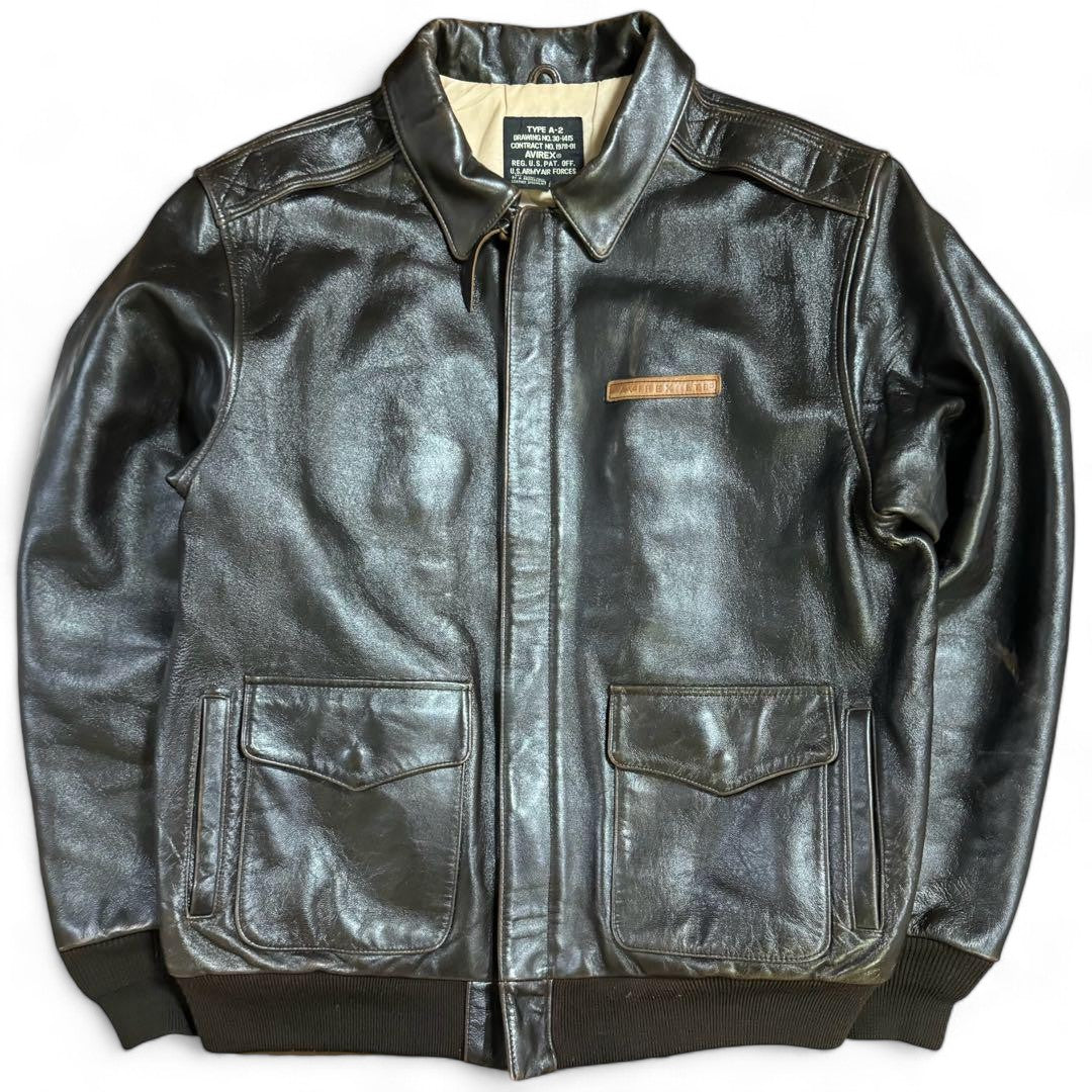 Avirex - XL A-2 Genuine Black Leather Backprint Flight Jacket