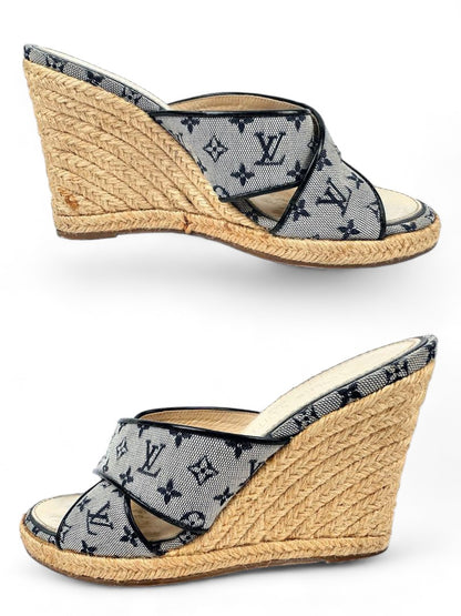 Louis Vuitton - 37 Wedge Sandals Monogram Denim LV