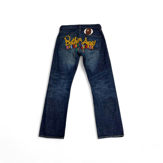 A Bathing Ape (BAPE) - S Baggy Embroidered Blue Jeans Bapehead