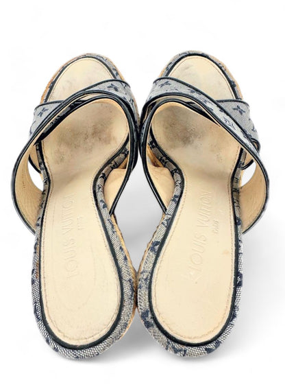 Louis Vuitton - 37 Wedge Sandals Monogram Denim LV