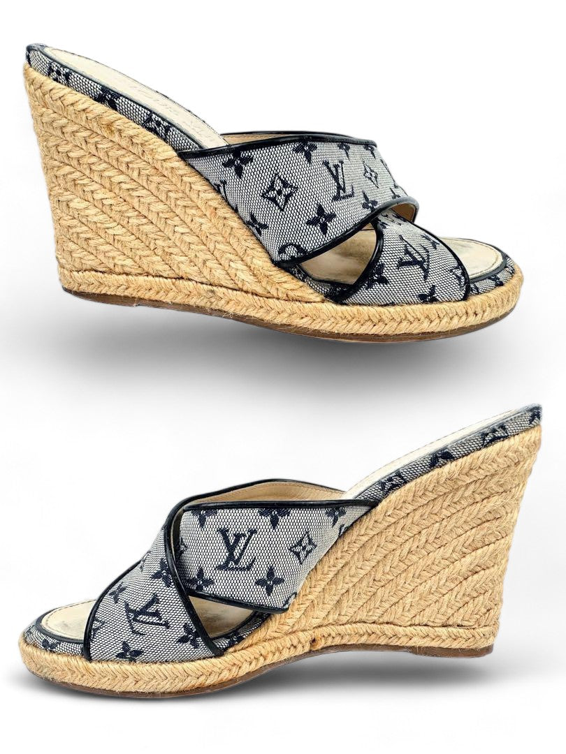 Louis Vuitton - 37 Wedge Sandals Monogram Denim LV