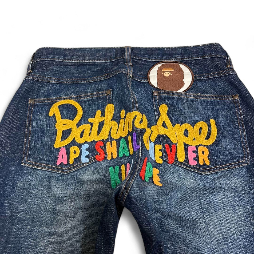 A Bathing Ape (BAPE) - S Baggy Embroidered Blue Jeans Bapehead