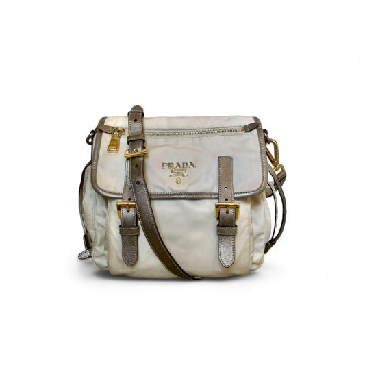 Prada - Shoulder Bag Crossbody White Nylon Leather Gold Hardware