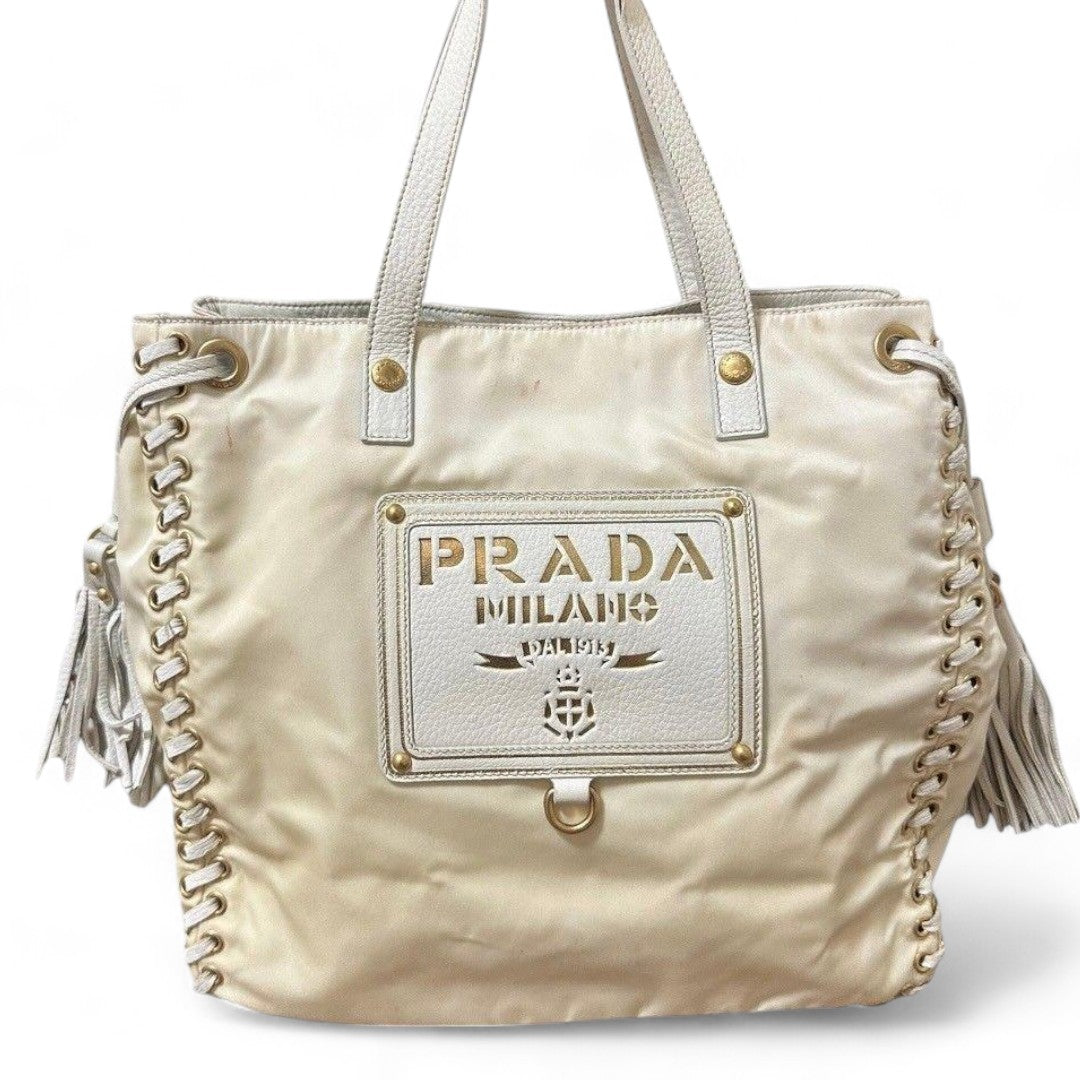 Prada - Shoulder Bag Tessuto Infilat Vintage Leather White Gold