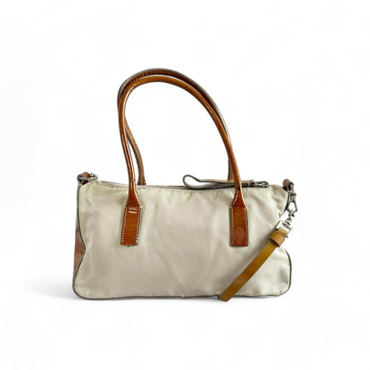 Prada - White Brown Leather Mini Handbag Logo