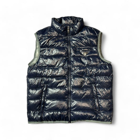 Prada - down vest navy dark blue puffer spring triangle logo plate