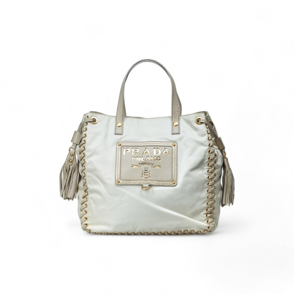 Prada - Shoulder Bag Tessuto Infilat Vintage Leather White Gold