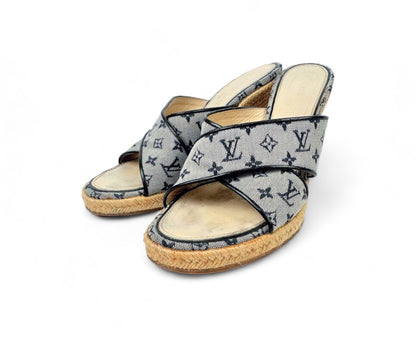 Louis Vuitton - 37 Wedge Sandals Monogram Denim LV