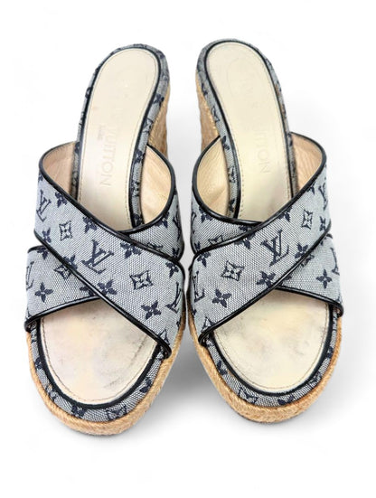 Louis Vuitton - 37 Wedge Sandals Monogram Denim LV